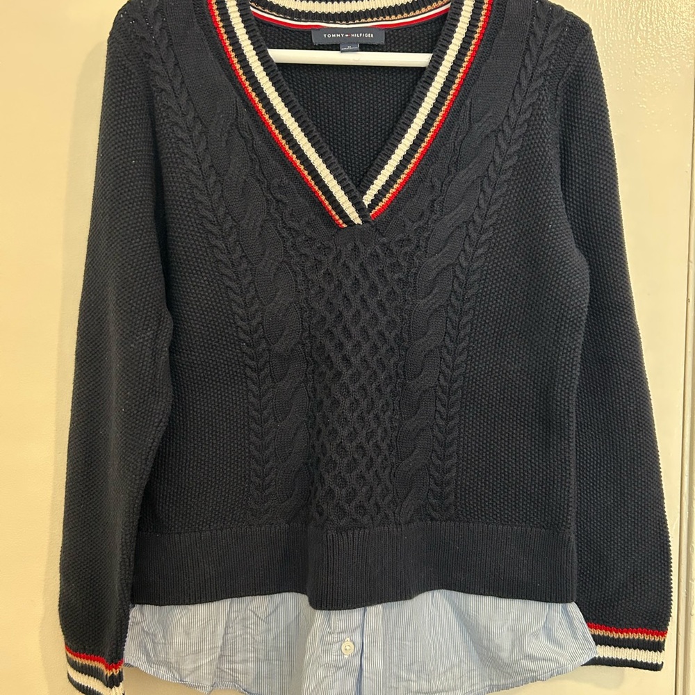 Tommy Hilfiger Dark Blue V-Neck Sweater with Red and White Trim